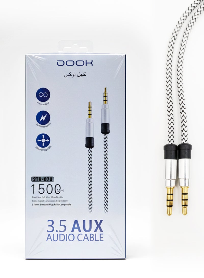 Nylon Male to Male Aux Audio Cable 1.5m  STR-070 - Black/Silver - Image 1